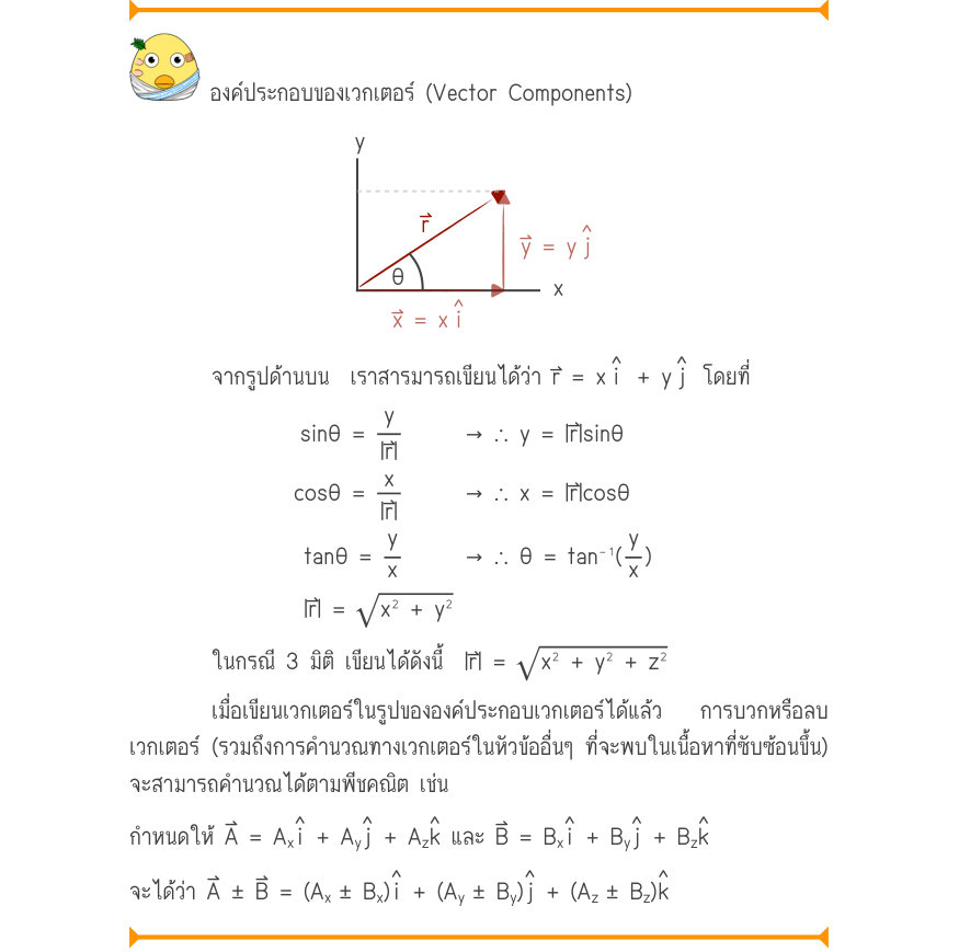 องค์ประกอบของเวกเตอร์ (Vector Components) \frac{y}{r} \frac{\theta}{x}x จากรูปด้านบน  เราสารมารถเขียนได้ว่าr = xi  + yj โดยที่ \sin \theta  =\frac{y}{|r|x}\to  \therefore  y = |r|\sin \theta \cos \theta  =\to  \therefore  x = |r|\cos \theta \tan \theta  =\frac{|r|y}{x}\to \theref
