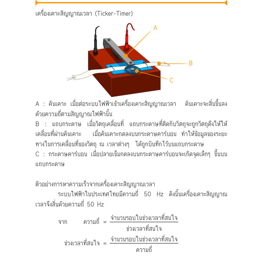 เครื่องเคาะสัญญาณเวลา (Ticker-Timer) A : คันเคาะ เมื่อต่อระบบไฟฟ้าเข้าเครื่องเคาะสัญญาณเวลา  คันเคาะจะสั่นขึ้นลง ด้วยความถี่ตามสัญญาณไฟฟ้านั้น B : แถบกระดาษ เมื่อวัตถุเคลื่อนที่ แถบกระดาษที่ติดกับวัตถุจะถูกวัตถุดึงให้ให้ เคลื่อนที่ผ่านคันเคาะ  เมื่อคันเคาะกดลงบนกระดาษคาร์บอน ทำให