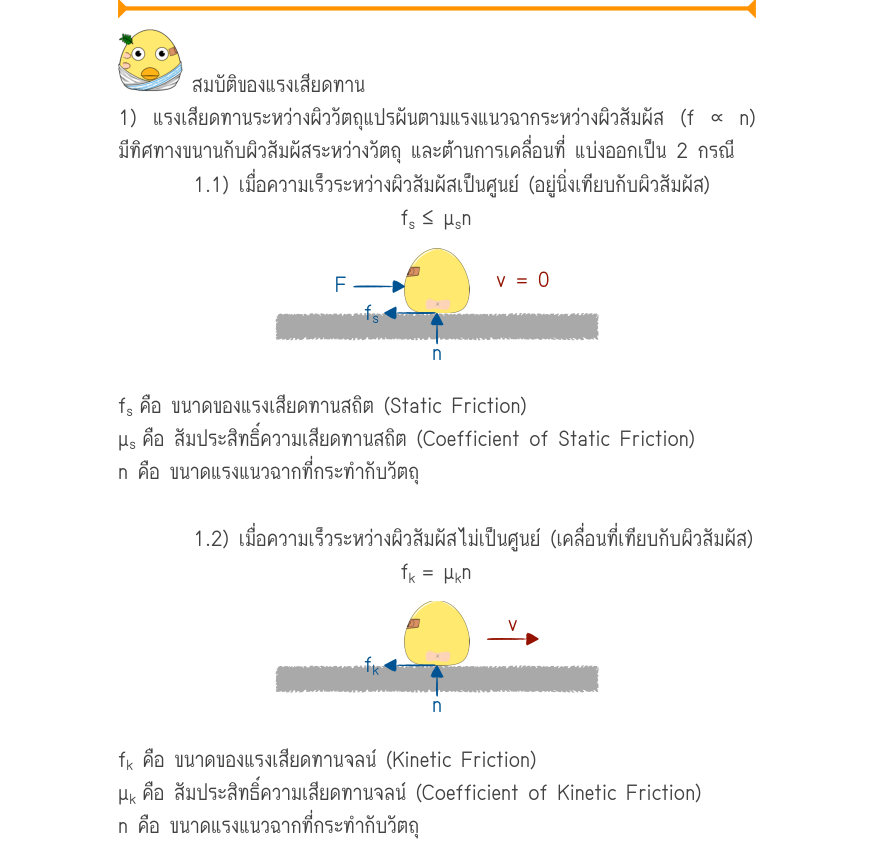สมบัติของแรงเสียดทาน 1) แรงเสียดทานระหว่างผิววัตถุแปรผันตามแรงแนวฉากระหว่างผิวสัมผัส (f ∝ n) มีทิศทางขนานกับผิวสัมผัสระหว่างวัตถุ และต้านการเคลื่อนที่ แบ่งออกเป็น 2 กรณี 1.1) เมื่อความเร็วระหว่างผิวสัมผัสเป็นศูนย์ (อยู่นิ่งเทียบกับผิวสัมผัส) f_{s}\le  \mu_{s}n Fv = 0 f_{s} f_{s}ค
