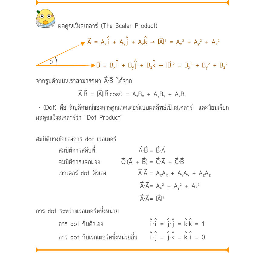 ผลคูณเชิงสเกลาร์ (The Scalar Product) ˄i˄j˄k A = A_{x}+ A_{y}+ A_{z}\to  |A|^{2} = A_{x}^{2} + A_{y}^{2} + A_{z}^{2} \theta˄i˄j˄k B = B_{x}+ B_{y}+ B_{z}\to  |B|^{2} = B_{x}^{2} + B_{y}^{2} + B_{z}^{2} จากรูปด้านบนเราสามารถหา A⃑⋅B⃑ ได้จาก A\cdot B = |A||B|\cos \theta  = A_{x}B_{x
