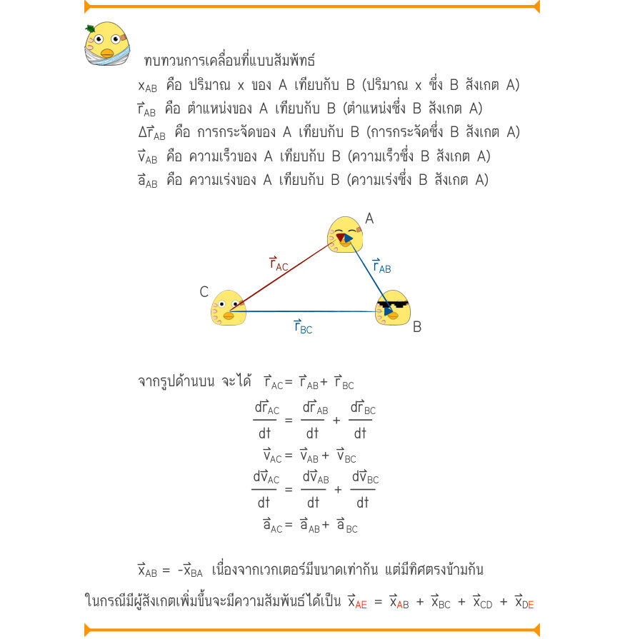 ทบทวนการเคลื่อนที่แบบสัมพัทธ์ x_{AB}คือ ปริมาณ x ของ A เทียบกับ B (ปริมาณ x ซึ่ง B สังเกต A) r_{AB}คือ ตำแหน่งของ A เทียบกับ B (ตำแหน่งซึ่ง B สังเกต A) \Delta r_{AB}คือ การกระจัดของ A เทียบกับ B (การกระจัดซึ่ง B สังเกต A) v_{AB}คือ ความเร็วของ A เทียบกับ B (ความเร็วซึ่ง B สังเกต 