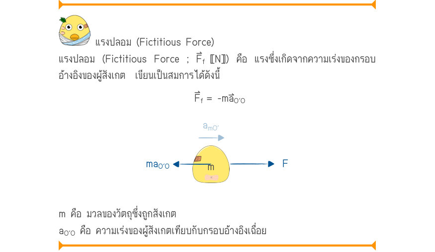 แรงปลอม (Fictitious Force) แรงปลอม (Fictitious Force ; F⃑_{f}〚N〛) คือ แรงซึ่งเกิดจากความเร่งของกรอบ อ้างอิงของผู้สังเกต  เขียนเป็นสมการได้ดังนี้ F_{f}= -ma_{O'O} a_{mO'} ma^{O'O}mF m คือ มวลของวัตถุซึ่งถูกสังเกต a_{O'O} คือ ความเร่งของผู้สังเกตเทียบกับกรอบอ้างอิงเฉื่อย