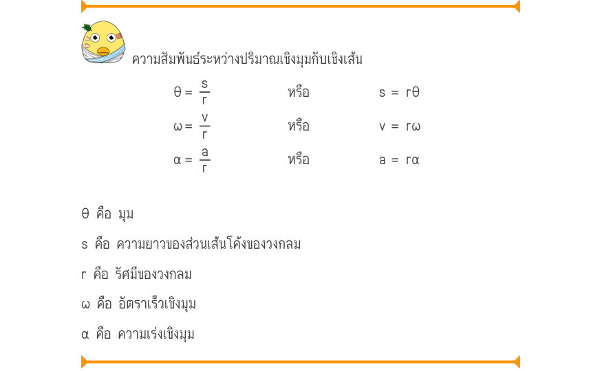ความสัมพันธ์ระหว่างปริมาณเชิงมุมกับเชิงเส้น \theta 	=\frac{s}{vr}หรือ	s	= r\theta \omega 	=หรือ	v	= r\omega \alpha 	=\frac{ar}{r}หรือ	a	= r\alpha θ คือ มุม s คือ ความยาวของส่วนเส้นโค้งของวงกลม r คือ รัศมีของวงกลม ω คือ อัตราเร็วเชิงมุม α คือ ความเร่งเชิงมุม