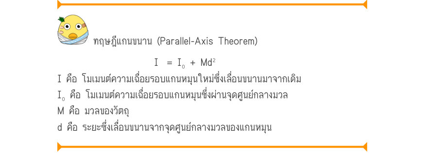 ทฤษฎีแกนขนาน (Parallel-Axis Theorem) I	 = I₀ + Md^{2} I คือ โมเมนต์ความเฉื่อยรอบแกนหมุนใหม่ซึ่งเลื่อนขนานมาจากเดิม I₀ คือ โมเมนต์ความเฉื่อยรอบแกนหมุนซึ่งผ่านจุดศูนย์กลางมวล M คือ มวลของวัตถุ d คือ ระยะซึ่งเลื่อนขนานจากจุดศูนย์กลางมวลของแกนหมุน