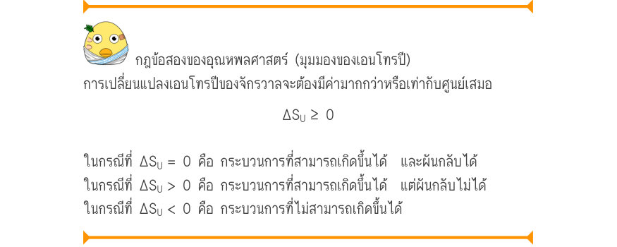กฎข้อสองของอุณหพลศาสตร์ (มุมมองของเอนโทรปี) การเปลี่ยนแปลงเอนโทรปีของจักรวาลจะต้องมีค่ามากกว่าหรือเท่ากับศูนย์เสมอ \Delta S_{U}\ge  0 ในกรณีที่ ΔS_{U}= 0 คือ กระบวนการที่สามารถเกิดขึ้นได้  และผันกลับได้ ในกรณีที่ ΔS_{U}> 0 คือ กระบวนการที่สามารถเกิดขึ้นได้  แต่ผันกลับไม่ได้ ใน