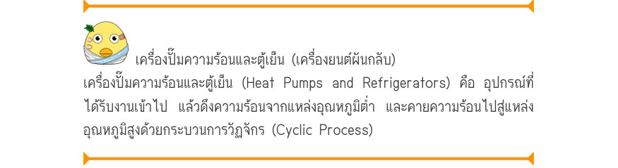 เครื่องปั๊มความร้อนและตู้เย็น (เครื่องยนต์ผันกลับ) เครื่องปั๊มความร้อนและตู้เย็น (Heat Pumps and Refrigerators) คือ อุปกรณ์ที่ ได้รับงานเข้าไป แล้วดึงความร้อนจากแหล่งอุณหภูมิต่ำ และคายความร้อนไปสู่แหล่ง อุณหภูมิสูงด้วยกระบวนการวัฏจักร (Cyclic Process)