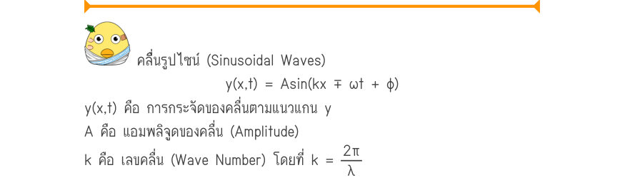 คลื่นรูปไซน์ (Sinusoidal Waves) y(x,t) = Asin(kx ∓ \omega t + φ) y(x,t) คือ การกระจัดของคลื่นตามแนวแกน y A คือ แอมพลิจูดของคลื่น (Amplitude) k คือ เลขคลื่น (Wave Number) โดยที่ k = \frac{2\pi}{\lambda} _{\Pinfist\infist : มัธยมศึกษาตอนปลาย และอุดมศึกษา} _{11 -}_{10} _{คลื่น (Wave