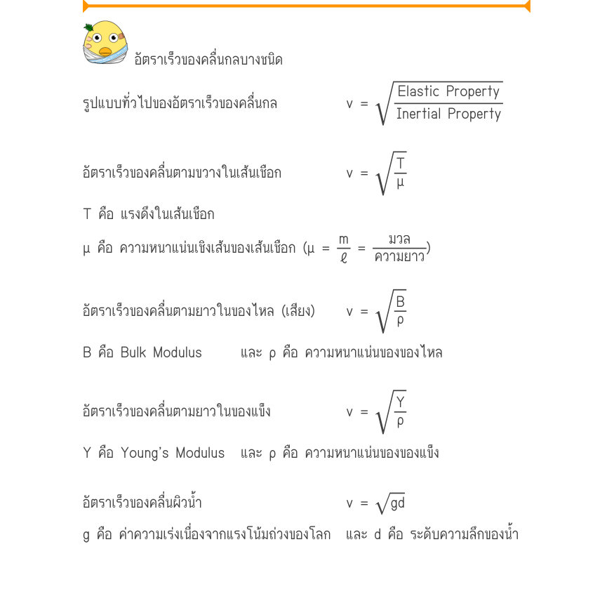 อัตราเร็วของคลื่นกลบางชนิด รูปแบบทั่วไปของอัตราเร็วของคลื่นกล	 	v =\sqrt{\frac{Elastic Property}{Inertial Property}} อัตราเร็วของคลื่นตามขวางในเส้นเชือก	 	v =\sqrt{\frac{T}{\mu}} T คือ แรงดึงในเส้นเชือก μ คือ ความหนาแน่นเชิงเส้นของเส้นเชือก (μ = \frac{m}{\ell}=\frac{มวล}{ความยาว}