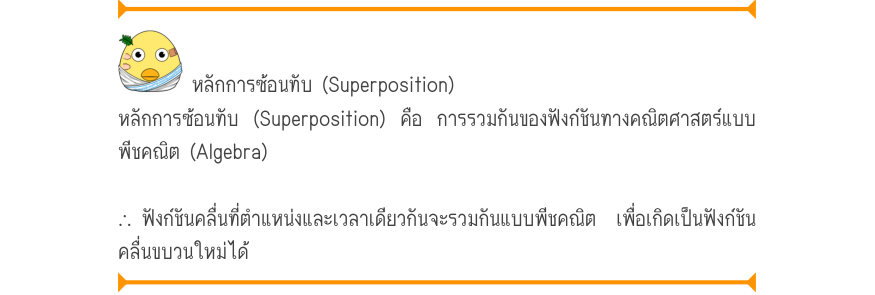 หลักการซ้อนทับ (Superposition) หลักการซ้อนทับ (Superposition) คือ การรวมกันของฟังก์ชันทางคณิตศาสตร์แบบ พีชคณิต (Algebra) ∴ ฟังก์ชันคลื่นที่ตำแหน่งและเวลาเดียวกันจะรวมกันแบบพีชคณิต  เพื่อเกิดเป็นฟังก์ชัน คลื่นขบวนใหม่ได้