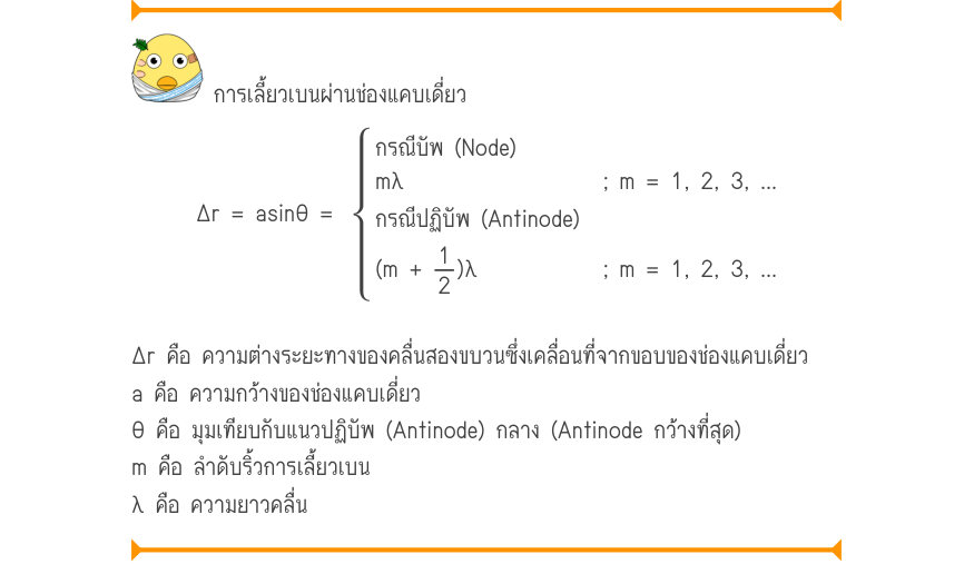 การเลี้ยวเบนผ่านช่องแคบเดี่ยว กรณีบัพ (Node) m\lambda; m = 1, 2, 3, ... \Delta r = asin\theta  =กรณีปฏิบัพ (Antinode) (m +\frac{1}{2})\lambda; m = 1, 2, 3, ... Δr คือ ความต่างระยะทางของคลื่นสองขบวนซึ่งเคลื่อนที่จากขอบของช่องแคบเดี่ยว a คือ ความกว้างของช่องแคบเดี่ยว θ คือ มุมเทียบ