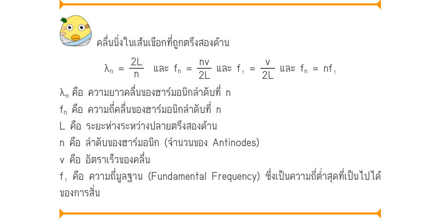 คลื่นนิ่งในเส้นเชือกที่ถูกตรึงสองด้าน \lambda_{n}=\frac{2L}{n}  และ f_{n}=\frac{nv}{2L} และ f₁ = \frac{v}{2L} และ f_{n}= nf₁ \lambda_{n}คือ ความยาวคลื่นของฮาร์มอนิกลำดับที่ n f_{n} คือ ความถี่คลื่นของฮาร์มอนิกลำดับที่ n L คือ ระยะห่างระหว่างปลายตรึงสองด้าน n คือ ลำดับของฮาร์มอนิก