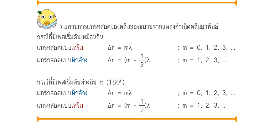 ทบทวนการแทรกสอดของคลื่นสองขบวนจากแหล่งกำเนิดคลื่นอาพันธ์ กรณีที่มีเฟสเริ่มต้นเหมือนกัน แทรกสอดแบบเสริม\Delta r = m\lambda; m = 0, 1, 2, 3, … แทรกสอดแบบหักล้าง\Delta r=(m-\frac{1}{2})\lambda; m = 1, 2, 3, … กรณีที่มีเฟสเริ่มต้นต่างกัน π (180º) แทรกสอดแบบหักล้าง \Delta r = m\lambda