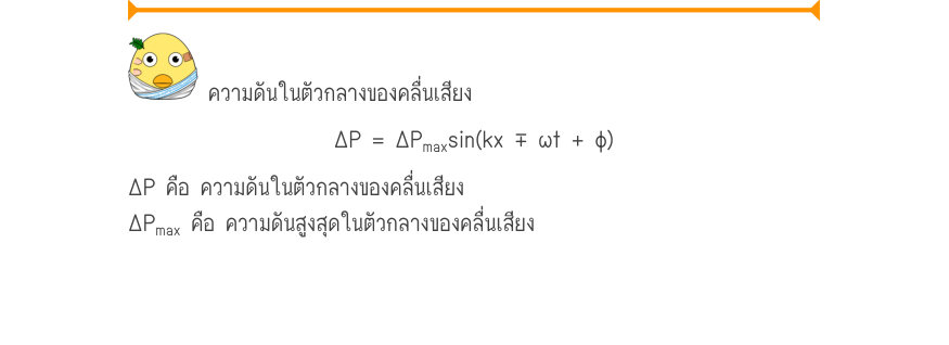 ความดันในตัวกลางของคลื่นเสียง \Delta P = \Delta P_{\max}\sin (kx ∓ \omega t + φ) ΔP คือ ความดันในตัวกลางของคลื่นเสียง \Delta P_{\max} คือ ความดันสูงสุดในตัวกลางของคลื่นเสียง _{\Pinfist\infist : มัธยมศึกษาตอนปลาย และอุดมศึกษา} _{12 -}_{21} _{เสียง (Sound)} \Delta P_{\max}= kBs_{\m