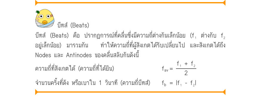 บีทส์ (Beats) บีทส์ (Beats) คือ ปรากฏการณ์ที่คลื่นซึ่งมีความถี่ต่างกันเล็กน้อย (f₁ ต่างกับ f₂ อยู่เล็กน้อย) มารวมกัน  ทำให้ความถี่ที่ผู้สังเกตได้รับเปลี่ยนไป และสังเกตได้ถึง Nodes และ Antinodes ของคลื่นสลับกันดังนี้ ความถี่ที่สังเกตได้ (ความถี่ที่ได้ยิน) 	              f_{av}=\fr