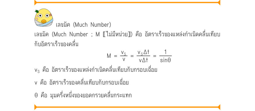 เลขมัค (Much Number) เลขมัค (Much Number ; M 〚ไม่มีหน่วย〛) คือ อัตราเร็วของแหล่งกำเนิดคลื่นเทียบ กับอัตราเร็วของคลื่น _{S}_{S} M =\frac{v}{v}=\frac{v\Delta t}{v\Delta t}=\frac{1}{\sin \theta} v_{S} คือ อัตราเร็วของแหล่งกำเนิดคลื่นเทียบกับกรอบเฉื่อย v คือ อัตราเร็วของคลื่นเทียบกับ
