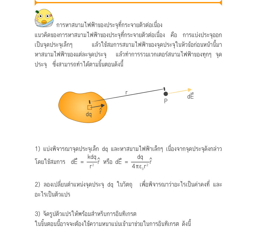 การหาสนามไฟฟ้าของประจุที่กระจายตัวต่อเนื่อง แนวคิดของการหาสนามไฟฟ้าของประจุที่กระจายตัวต่อเนื่อง คือ การแบ่งประจุออก เป็นจุดประจุเล็กๆ    แล้วใช้สมการสนามไฟฟ้าของจุดประจุในหัวข้อก่อนหน้านี้มา หาสนามไฟฟ้าของแต่ละจุดประจุ  แล้วทำการรวมเวกเตอร์สนามไฟฟ้าของทุกๆ จุด ประจุ  ซึ่งสามารถท
