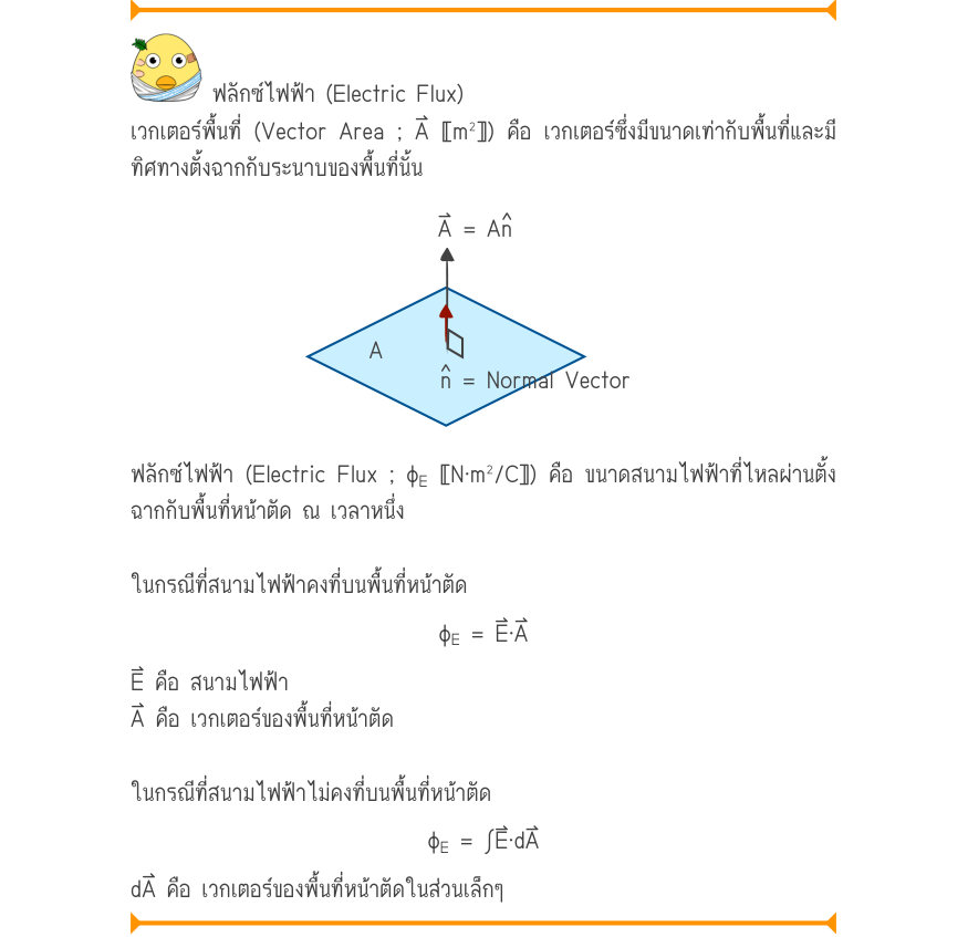 ฟลักซ์ไฟฟ้า (Electric Flux) เวกเตอร์พื้นที่ (Vector Area ; A⃑ 〚m²〛) คือ เวกเตอร์ซึ่งมีขนาดเท่ากับพื้นที่และมี ทิศทางตั้งฉากกับระนาบของพื้นที่นั้น A = An = Normal Vector ฟลักซ์ไฟฟ้า (Electric Flux ; φ_{E} 〚N·m²/C〛) คือ ขนาดสนามไฟฟ้าที่ไหลผ่านตั้ง ฉากกับพื้นที่หน้าตัด ณ เวลาหนึ่ง ใ