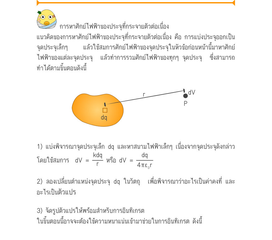การหาศักย์ไฟฟ้าของประจุที่กระจายตัวต่อเนื่อง แนวคิดของการหาศักย์ไฟฟ้าของประจุที่กระจายตัวต่อเนื่อง คือ การแบ่งประจุออกเป็น จุดประจุเล็กๆ    แล้วใช้สมการศักย์ไฟฟ้าของจุดประจุในหัวข้อก่อนหน้านี้มาหาศักย์ ไฟฟ้าของแต่ละจุดประจุ  แล้วทำการรวมศักย์ไฟฟ้าของทุกๆ จุดประจุ  ซึ่งสามารถ ทำได