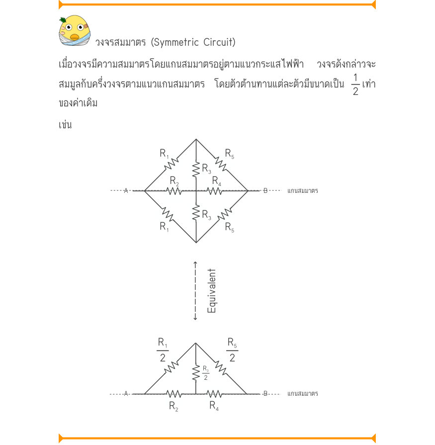 วงจรสมมาตร (Symmetric Circuit) เมื่อวงจรมีความสมมาตรโดยแกนสมมาตรอยู่ตามแนวกระแสไฟฟ้า  วงจรดังกล่าวจะ สมมูลกับครึ่งวงจรตามแนวแกนสมมาตร โดยตัวต้านทานแต่ละตัวมีขนาดเป็น \frac{1}{2}เท่า ของค่าเดิม R₁uR₅ _{A}\frac{uR₂uR₃R₄}{uuu}_{B}_{แกนสมมาตร} Equivalent ←——————\to \frac{R₁}{2}\frac{
