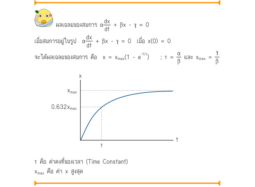 ผลเฉลยของสมการ α\frac{dx}{dt}+ \beta x - \gamma  = 0 เมื่อสมการอยู่ในรูป  α\frac{dx}{dt} + βx - γ = 0  เมื่อ x(0) = 0 _{-t/τ} จะได้ผลเฉลยของสมการ คือ  x = x_{\max}(1 - e);τ=\frac{\alpha}{\beta}และx_{\max}=\frac{\gamma}{\beta} x_{\max} 0.632x_{\max} τ คือ ค่าคงที่ของเวลา (Time Con