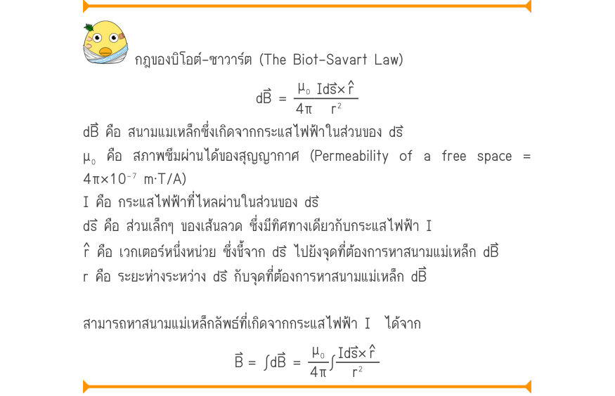 กฎของบิโอต์–ซาวาร์ต (The Biot–Savart Law) dB =\frac{\mu ₀}{4\pi}\frac{Ids\times˄r}{r^{2}} dB⃑ คือ สนามแมเหล็กซึ่งเกิดจากกระแสไฟฟ้าในส่วนของ ds⃑ μ₀ คือ สภาพซึมผ่านได้ของสุญญากาศ (Permeability of a free space = 4\pi \times 10⁻⁷ m·T/A) I คือ กระแสไฟฟ้าที่ไหลผ่านในส่วนของ ds⃑ ds⃑ คือ
