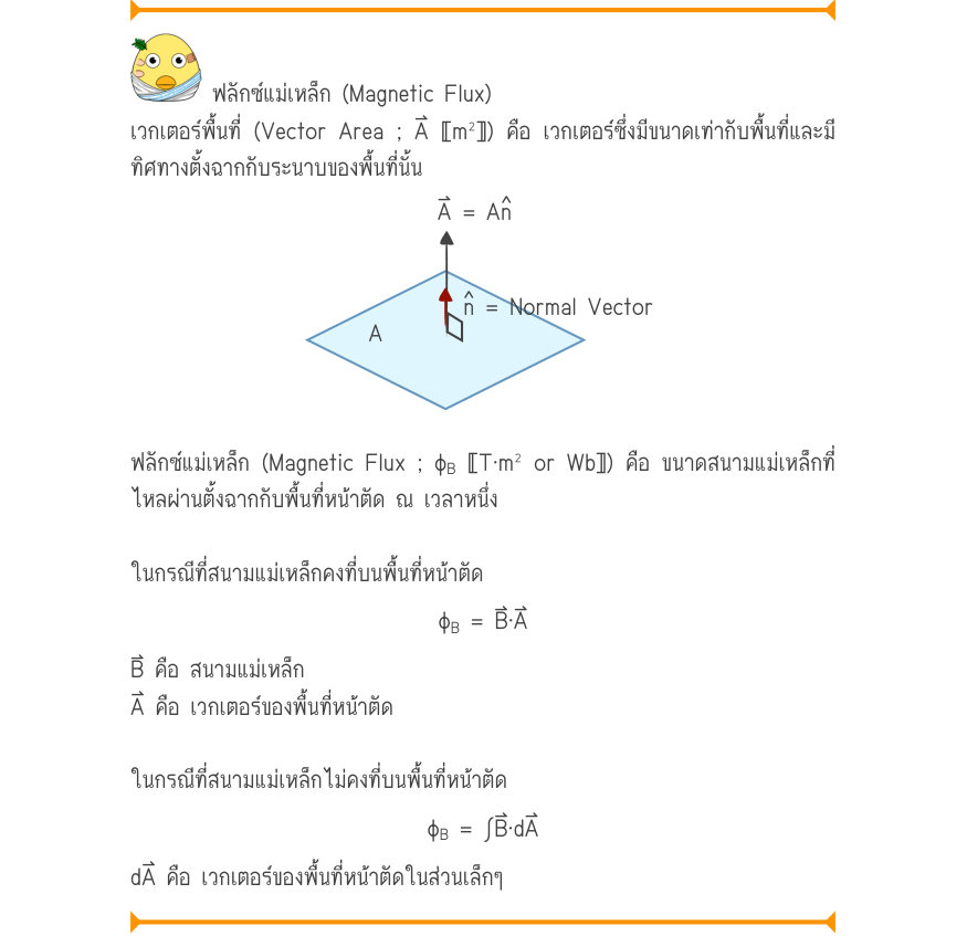 ฟลักซ์แม่เหล็ก (Magnetic Flux) เวกเตอร์พื้นที่ (Vector Area ; A⃑ 〚m²〛) คือ เวกเตอร์ซึ่งมีขนาดเท่ากับพื้นที่และมี ทิศทางตั้งฉากกับระนาบของพื้นที่นั้น A = An = Normal Vector ฟลักซ์แม่เหล็ก (Magnetic Flux ; φ_{B} 〚T·m² or Wb〛) คือ ขนาดสนามแม่เหล็กที่ ไหลผ่านตั้งฉากกับพื้นที่หน้าตัด 