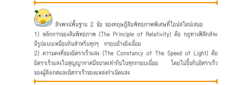สัจพจน์พื้นฐาน 2 ข้อ ของทฤษฎีสัมพัทธภาพพิเศษที่ไอน์สไตน์เสนอ 1) หลักการของสัมพัทธภาพ (The Principle of Relativity) คือ กฎทางฟิสิกส์จะ มีรูปแบบเหมือนกันสำหรับทุกๆ  กรอบอ้างอิงเฉื่อย 2) ความคงที่ของอัตราเร็วแสง (The Constancy of The Speed of Light) คือ อัตราเร็วแสงในสุญญากาศมีขนาดเ