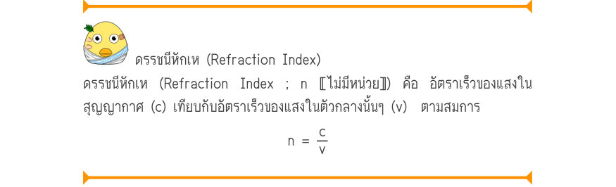 ดรรชนีหักเห (Refraction Index) ดรรชนีหักเห (Refraction Index ; n 〚ไม่มีหน่วย〛) คือ อัตราเร็วของแสงใน สุญญากาศ (c) เทียบกับอัตราเร็วของแสงในตัวกลางนั้นๆ (v)  ตามสมการ n =\frac{c}{v}