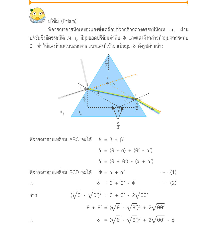ปริซึม (Prism) พิจารณาการหักเหของแสงซึ่งเคลื่อนที่จากตัวกลางดรรชนีหักเห n₁ ผ่าน ปริซึมซึ่งมีดรรชนีหักเห n₂ มีมุมยอดปริซึมเท่ากับ Φ และแสงดังกล่าวทำมุมตกกระทบ θ  ทำให้แสงหักเหเบนออกจากแนวแสงที่เข้ามาเป็นมุม δ ดังรูปด้านล่าง \frac{_{Φ}}{_{2}} _{B}^{δ} _{\theta}_{\beta} _{\alpha}_{\