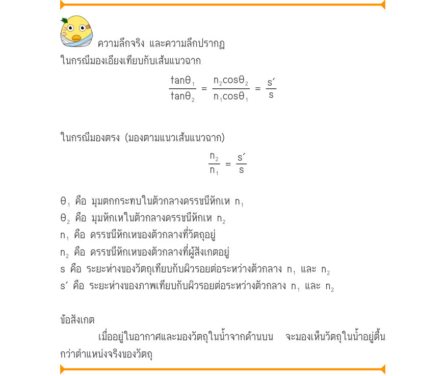 ความลึกจริง และความลึกปรากฏ ในกรณีมองเอียงเทียบกับเส้นแนวฉาก \frac{\tan \theta ₁}{\tan \theta ₂}=\frac{n₂\cos \theta ₂}{n₁\cos \theta ₁}=\frac{s'}{s} ในกรณีมองตรง (มองตามแนวเส้นแนวฉาก) \frac{n₂}{n₁}=\frac{s'}{s} θ₁ คือ มุมตกกระทบในตัวกลางดรรชนีหักเห n₁ θ₂ คือ มุมหักเหในตัวกลางดรร