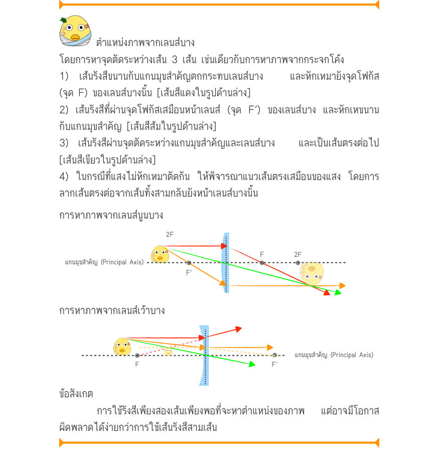 ตำแหน่งภาพจากเลนส์บาง โดยการหาจุดตัดระหว่างเส้น 3 เส้น เช่นเดียวกับการหาภาพจากกระจกโค้ง 1) เส้นรังสีขนานกับแกนมุขสำคัญตกกระทบเลนส์บาง  และหักเหมายังจุดโฟกัส (จุด F) ของเลนส์บางนั้น [เส้นสีแดงในรูปด้านล่าง] 2) เส้นรังสีที่ผ่านจุดโฟกัสเสมือนหน้าเลนส์ (จุด F′) ของเลนส์บาง และหักเหขน