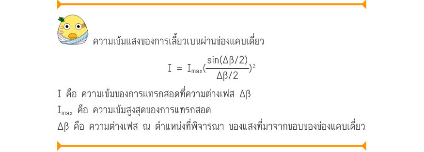 ความเข้มแสงของการเลี้ยวเบนผ่านช่องแคบเดี่ยว I = I_{\max}(\frac{\sin (\Delta \beta /2)}{\Delta \beta /2})^{2} I คือ ความเข้มของการแทรกสอดที่ความต่างเฟส Δβ I_{\max} คือ ความเข้มสูงสุดของการแทรกสอด Δβ คือ ความต่างเฟส ณ ตำแหน่งที่พิจารณา ของแสงที่มาจากขอบของช่องแคบเดี่ยว