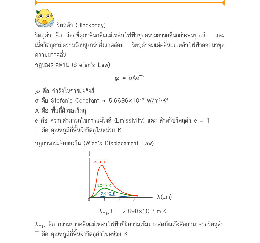 วัตถุดำ (Blackbody) วัตถุดำ คือ วัตถุที่ดูดกลืนคลื่นแม่เหล็กไฟฟ้าทุกความยาวคลื่นอย่างสมบูรณ์  และ เมื่อวัตถุดำมีความร้อนสูงกว่าสิ่งแวดล้อม  วัตถุดำจะแผ่คลื่นแม่เหล็กไฟฟ้าออกมาทุก ความยาวคลื่น กฎของสเตฟาน (Stefan’s Law) \wp  = σAeT⁴ ℘ คือ กำลังในการแผ่รังสี σ คือ Stefan’s Constant