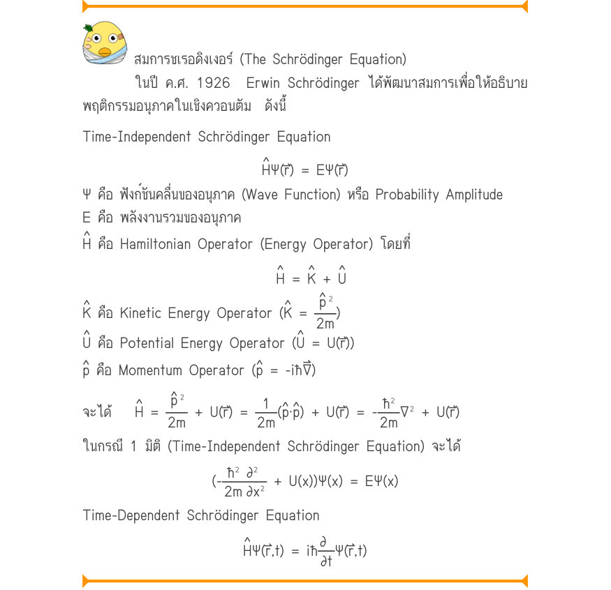 สมการชเรอดิงเงอร์ (The Schrödinger Equation) ในปี ค.ศ. 1926  Erwin Schrödinger ได้พัฒนาสมการเพื่อให้อธิบาย พฤติกรรมอนุภาคในเชิงควอนตัม  ดังนี้ Time-Independent Schrödinger Equation \Psi (r) = E\Psi (r) Ψ คือ ฟังก์ชันคลื่นของอนุภาค (Wave Function) หรือ Probability Amplitude E คือ 