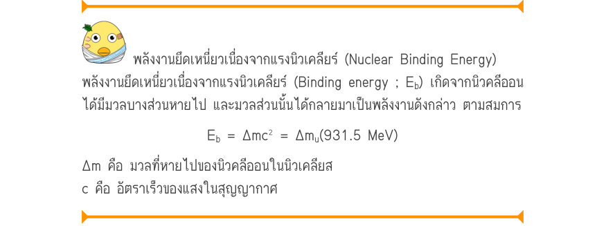 พลังงานยึดเหนี่ยวเนื่องจากแรงนิวเคลียร์ (Nuclear Binding Energy) พลังงานยึดเหนี่ยวเนื่องจากแรงนิวเคลียร์ (Binding energy ; E_{b}) เกิดจากนิวคลีออน ได้มีมวลบางส่วนหายไป และมวลส่วนนั้นได้กลายมาเป็นพลังงานดังกล่าว ตามสมการ E_{b}= \Delta mc^{2} = \Delta m_{u}(931.5 MeV) Δm คือ มวลที่