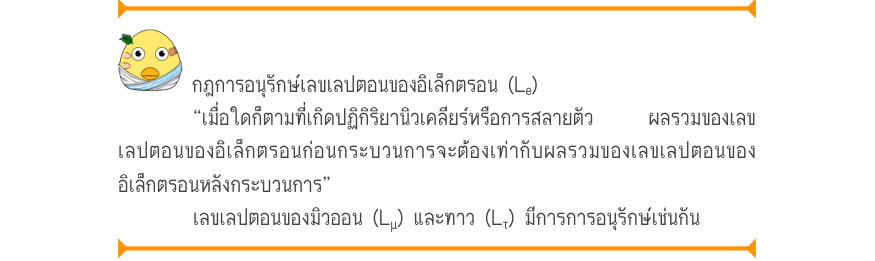 กฎการอนุรักษ์เลขเลปตอนของอิเล็กตรอน (L_{e}) “เมื่อใดก็ตามที่เกิดปฏิกิริยานิวเคลียร์หรือการสลายตัว   ผลรวมของเลข เลปตอนของอิเล็กตรอนก่อนกระบวนการจะต้องเท่ากับผลรวมของเลขเลปตอนของ อิเล็กตรอนหลังกระบวนการ” เลขเลปตอนของมิวออน (L_{\mu}) และทาว (L_{τ}) มีการการอนุรักษ์เช่นกัน