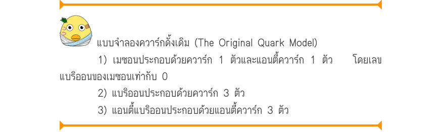 แบบจำลองควาร์กดั้งเดิม (The Original Quark Model) 1) เมซอนประกอบด้วยควาร์ก 1 ตัวและแอนตี้ควาร์ก 1 ตัว   โดยเลข แบริออนของเมซอนเท่ากับ 0 2) แบริออนประกอบด้วยควาร์ก 3 ตัว 3) แอนตี้แบริออนประกอบด้วยแอนตี้ควาร์ก 3 ตัว